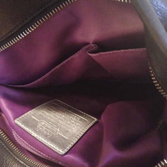 NWOT Coach Black Leather Shoulder Bag with Purple Satin Interior - Picture 2 of 6
